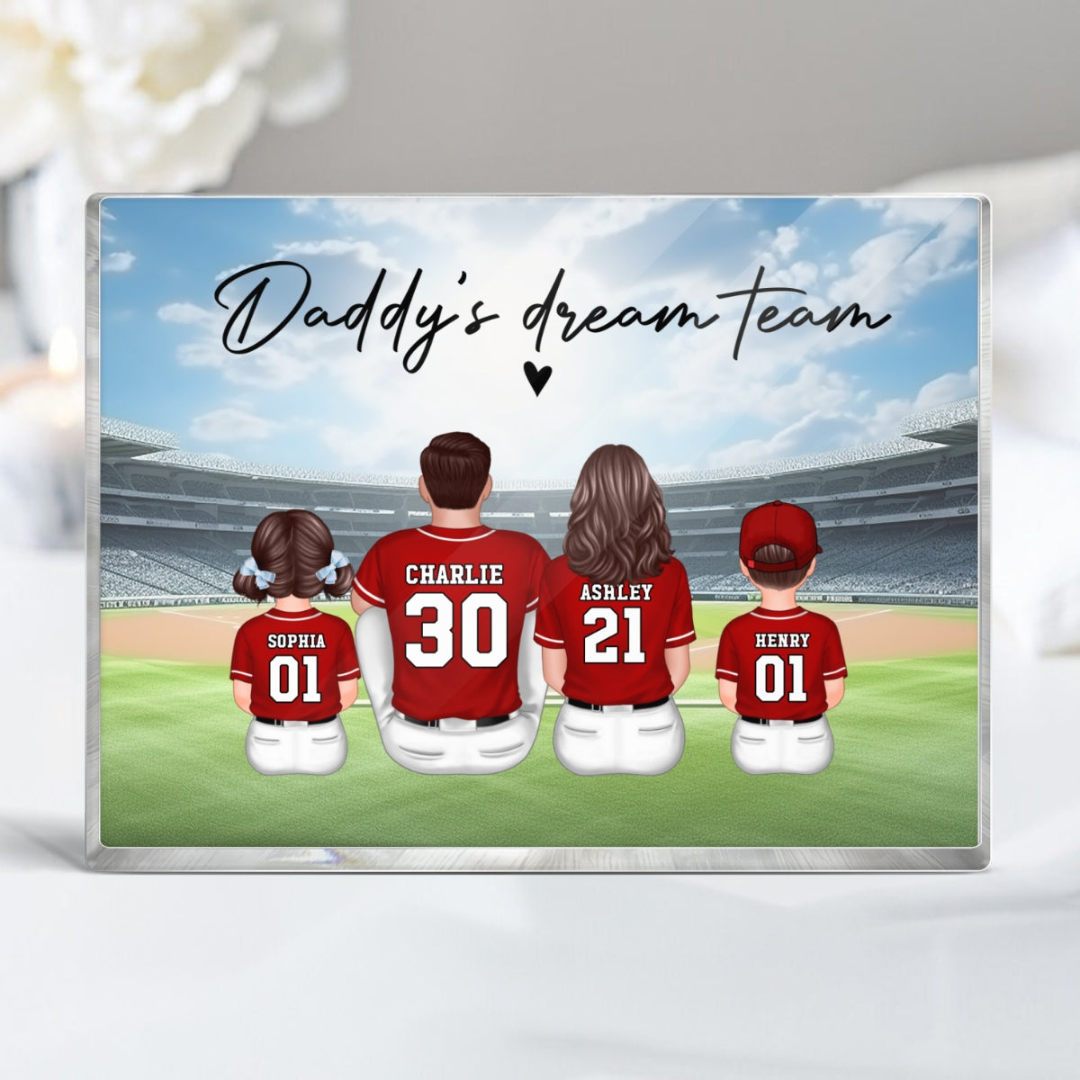 Daddy's Team Baseball Family Sitting Personalized Acrylic Block, Unique Father's Day Gift for Dad, Gift for Husband