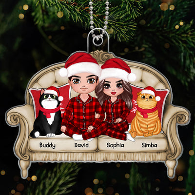 Doll Couple Sitting On Sofa With Cats Personalized Acrylic Ornament