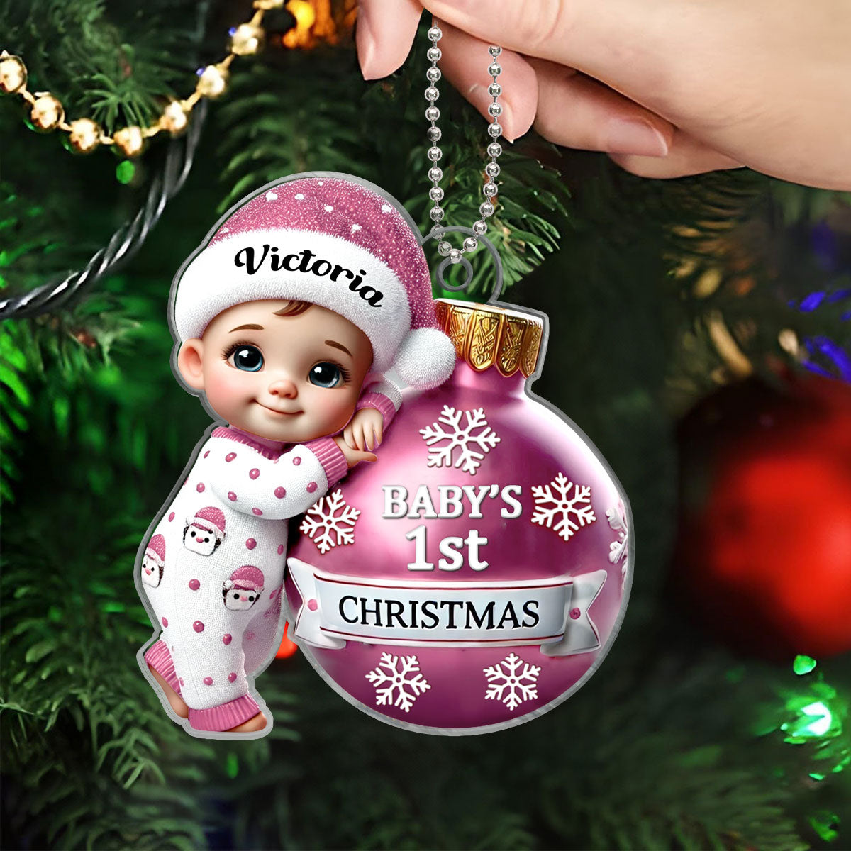 Baby Holding Bauble First Christmas Personalized 2D Flat Acrylic Ornament, Christmas Gift for New Mom, New Dad, Baby Keepsake