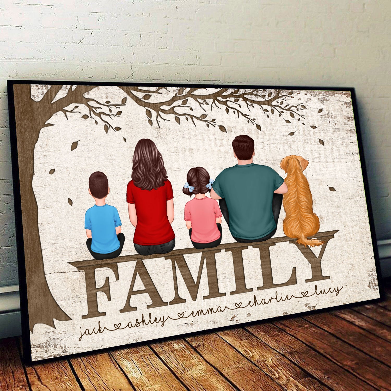 Family Couple Kid Dog Cat Back View Sitting Under Tree Personalized Horizontal Poster