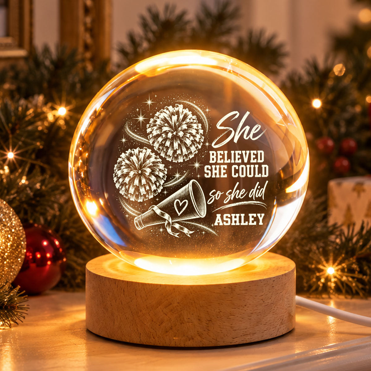 Beautiful Proud Cheerleader Custom Name - Personalized Crystal Ball LED Night Light - Christmas Gift For Cheerleaders, Daughter, Granddaughter