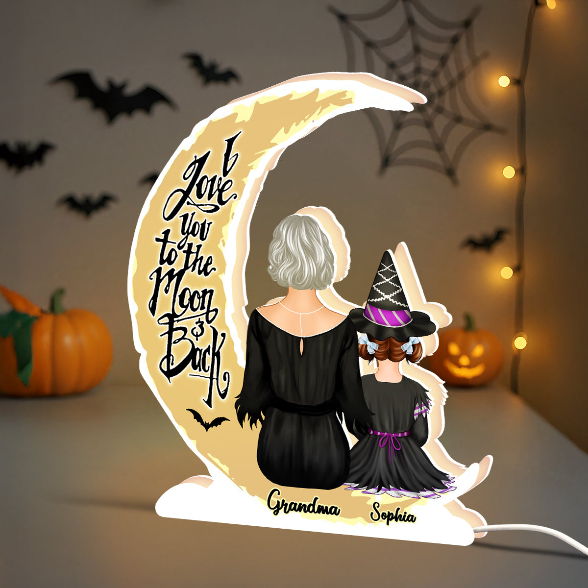 Grandma Grandkids On Moon Back View Halloween Personalized Light Box, Halloween Indoor Decor for Grandma