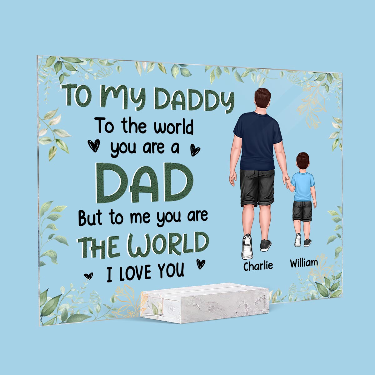 Green Leaves Frame Dad We Love You Back View Dad And Kids Walking Personalized Acrylic Plaque