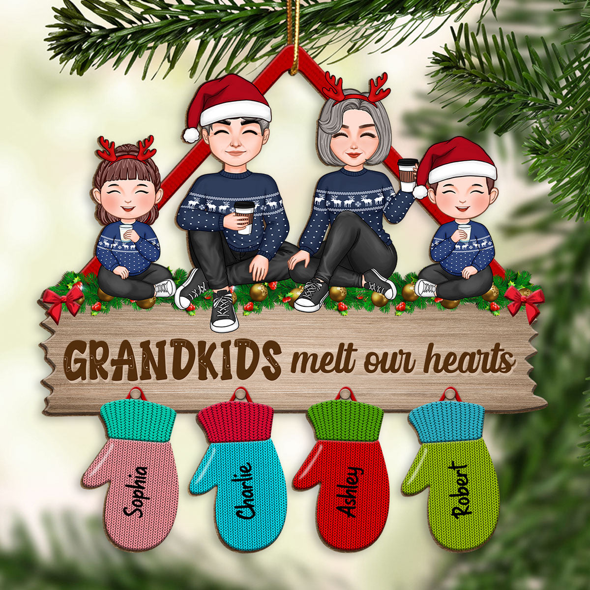 Grandma Grandpa Grandkids Sitting Christmas Glove Personalized Wooden Ornament