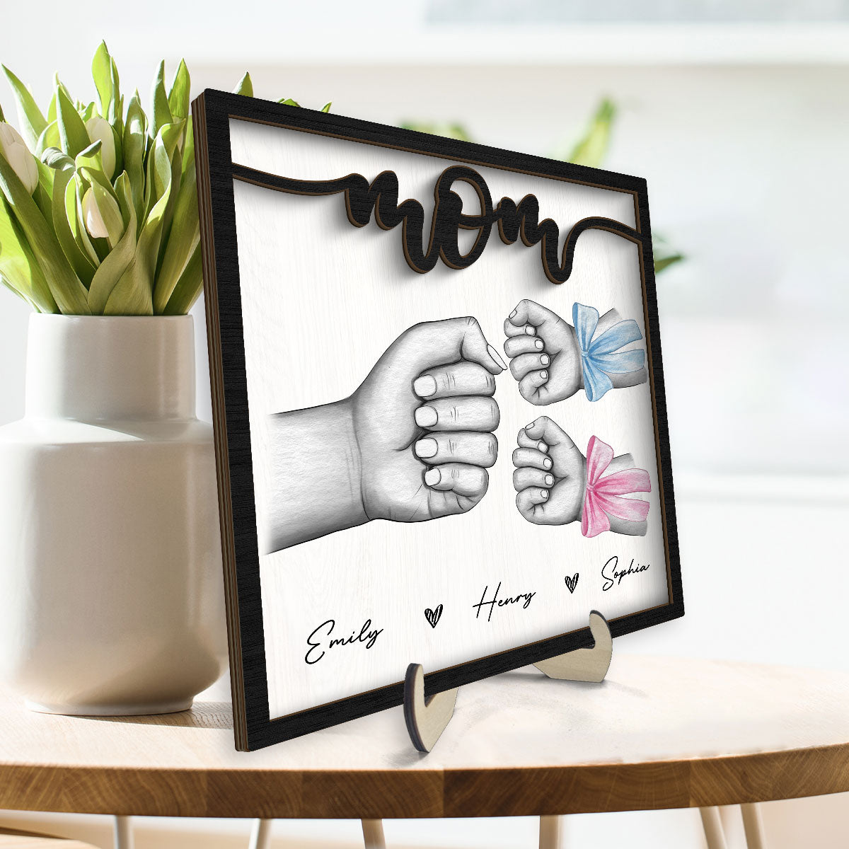 Mom And Kids Fist Bump With Bows Gift For Mom Personalized 2-Layer Wooden Plaque