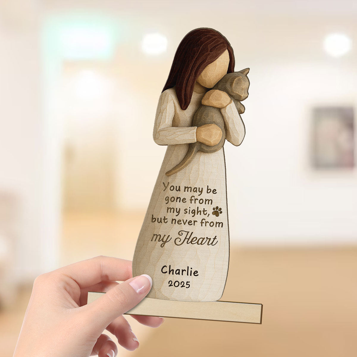 Until We Meet At Rainbow Bridge Woman & Cat 3D Effect Personalized Standing Wooden Plaque, Memorial Sympathy Gift
