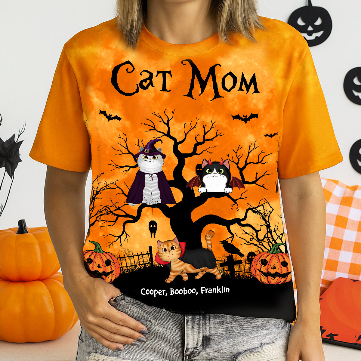 Cat Mom Halloween Moon Light Bat Cat Tree Personalized Shirt, Purrfect Costume for Cat Lover