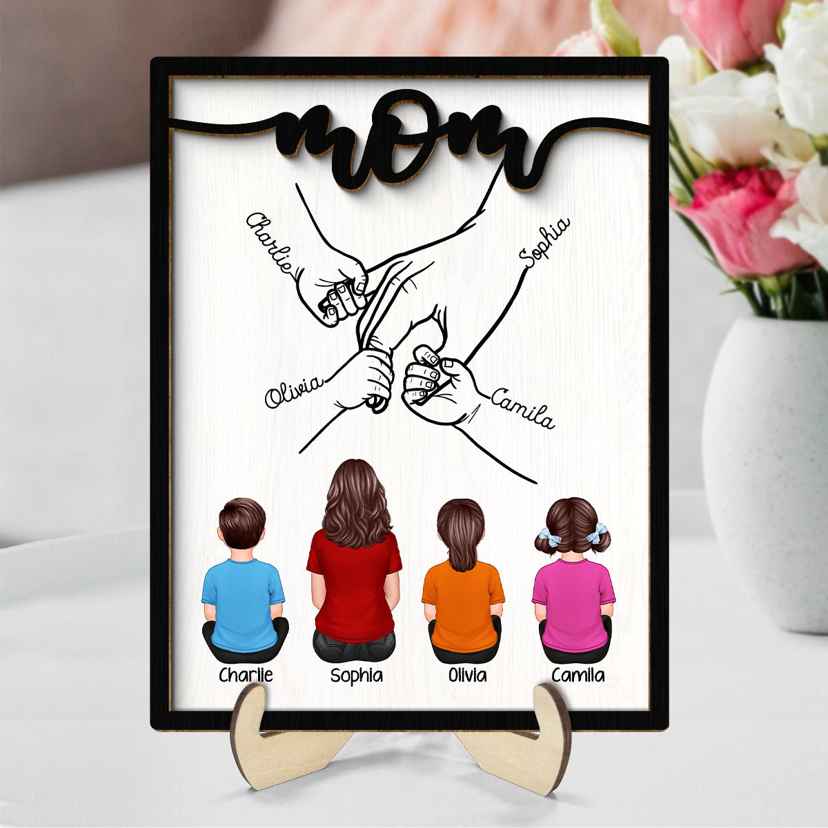 Mom And Kids Holding Hands Personalized 2-Layer Wooden Plaque