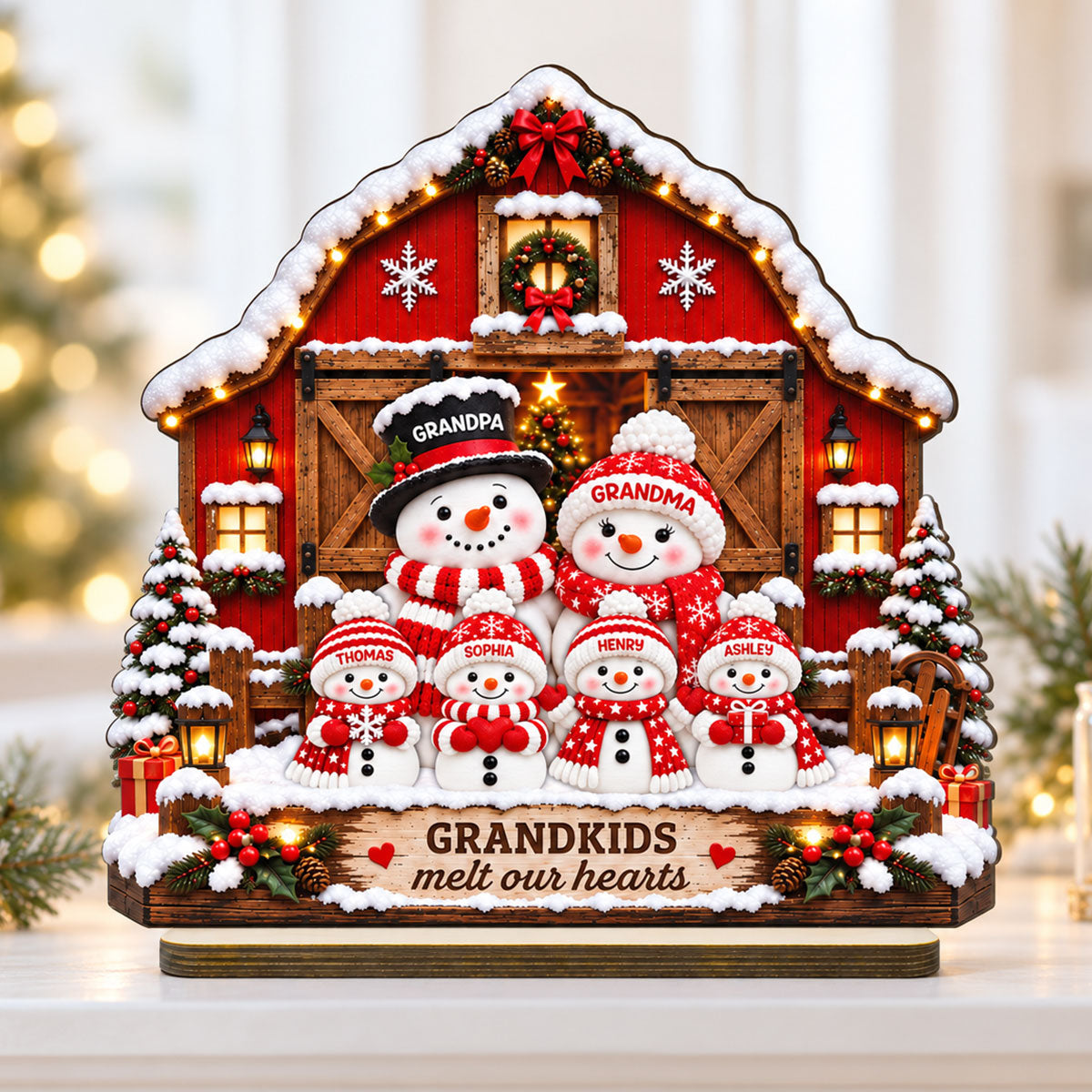 Heartwarming Christmas Snowman Grandpa Grandma Grandkids Barn House - Personalized 2-Layered Wooden Plaque - Christmas Gift For Grandparents, Grandparents House Decor