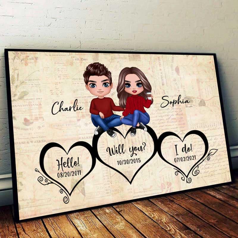 Couple Sitting On Hearts Anniversary Valentine‘s Day Gift For Him For Her Personalized Poster
