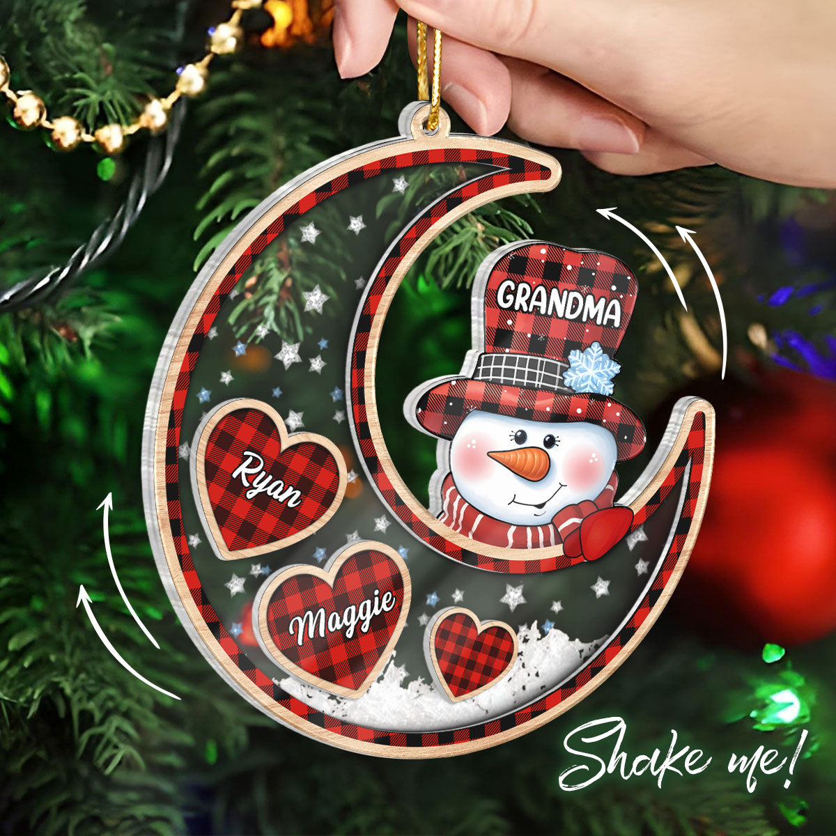 Grandma Snowman On Moon Personalized Shaker Ornament, Christmas Gift For Grandma & Grandchildren
