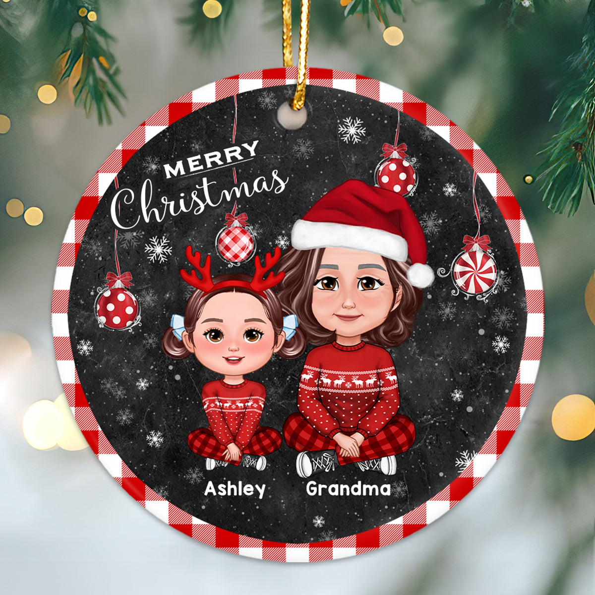 Checkered Patterned Frame And Ornaments Grandma Grandkids Personalized Cirlce Ornament