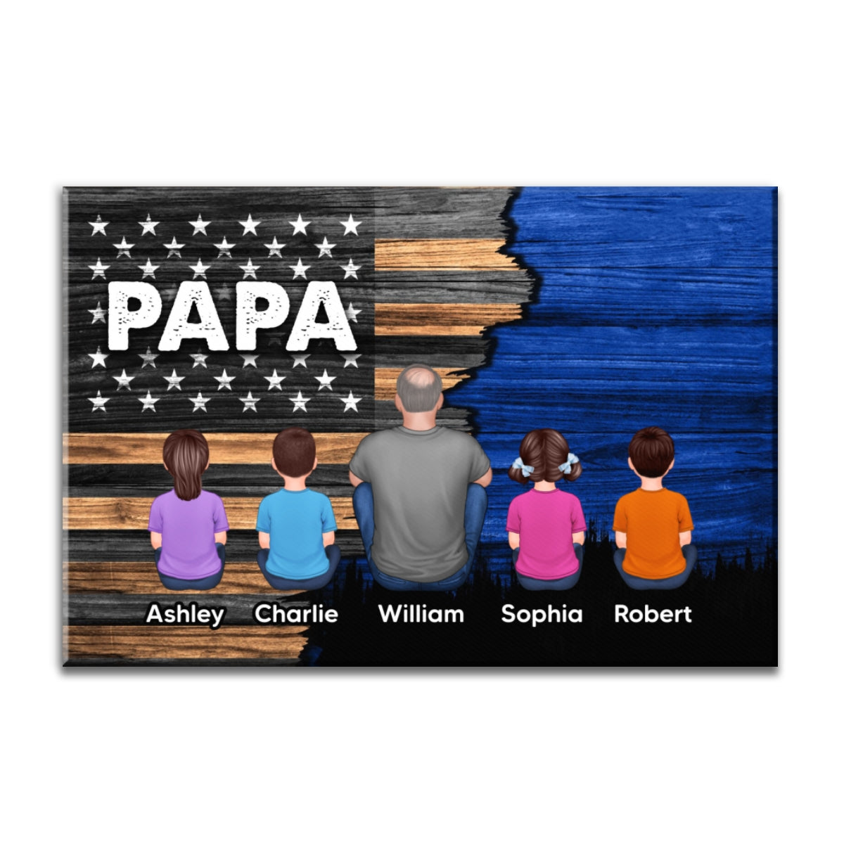 Dad Grandpa Papa Back View Sitting With Kids Half Nation Flag Personalized Canvas