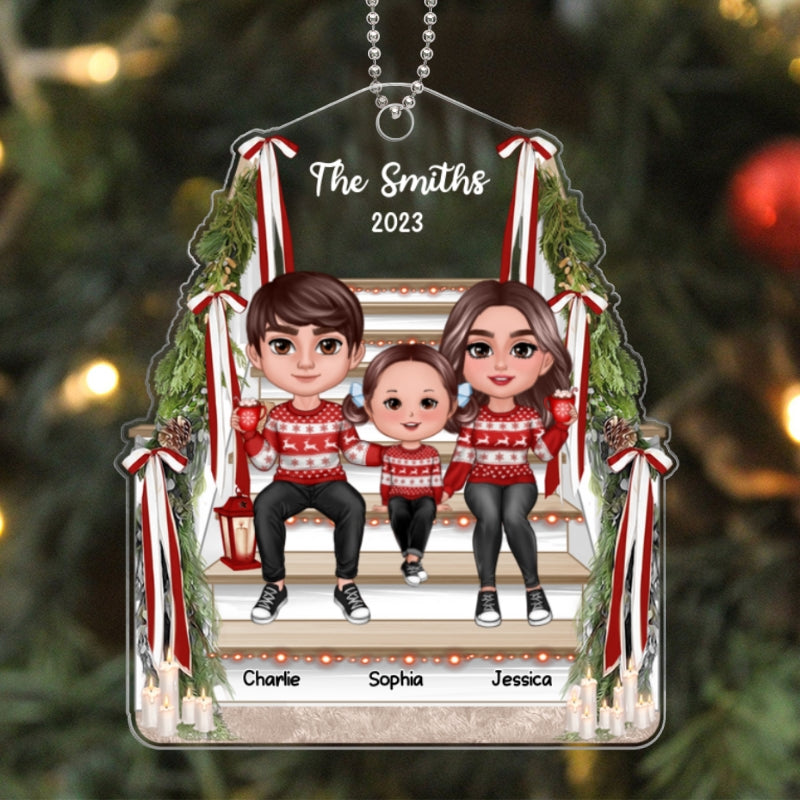 Family Sitting On Stair Christmas Gift Personalized Acrylic Ornament