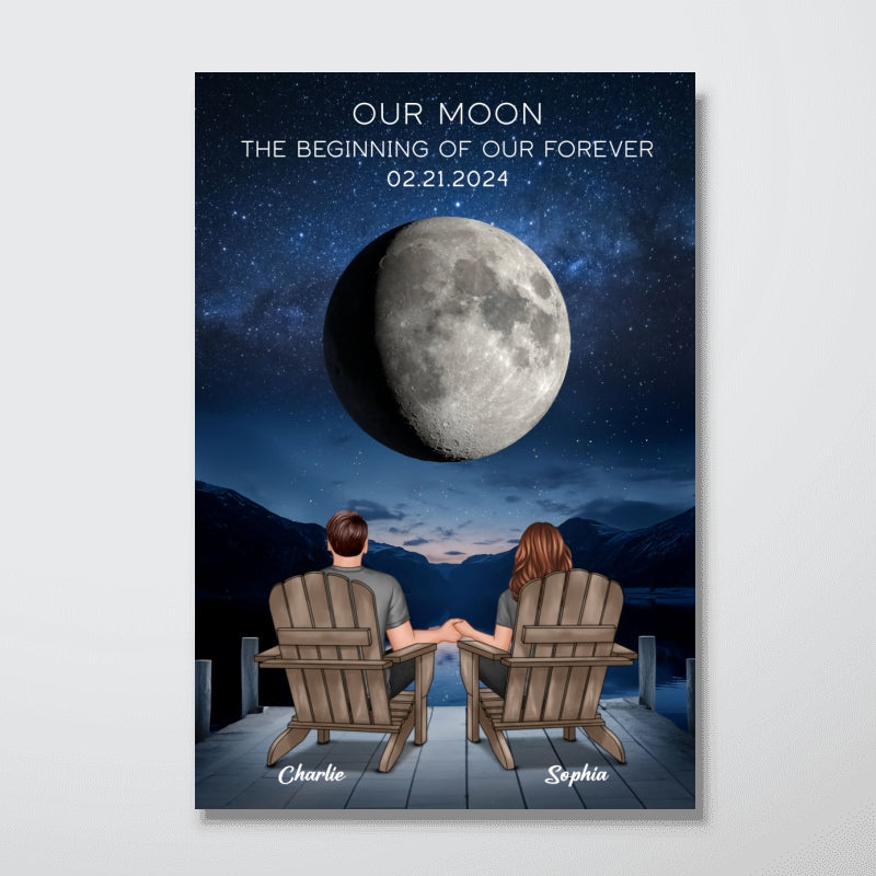 Our Moon Couple Back View Moon Phase Art Anniversary Gift For Him, Gift For Her Wedding Gift Personalized Poster