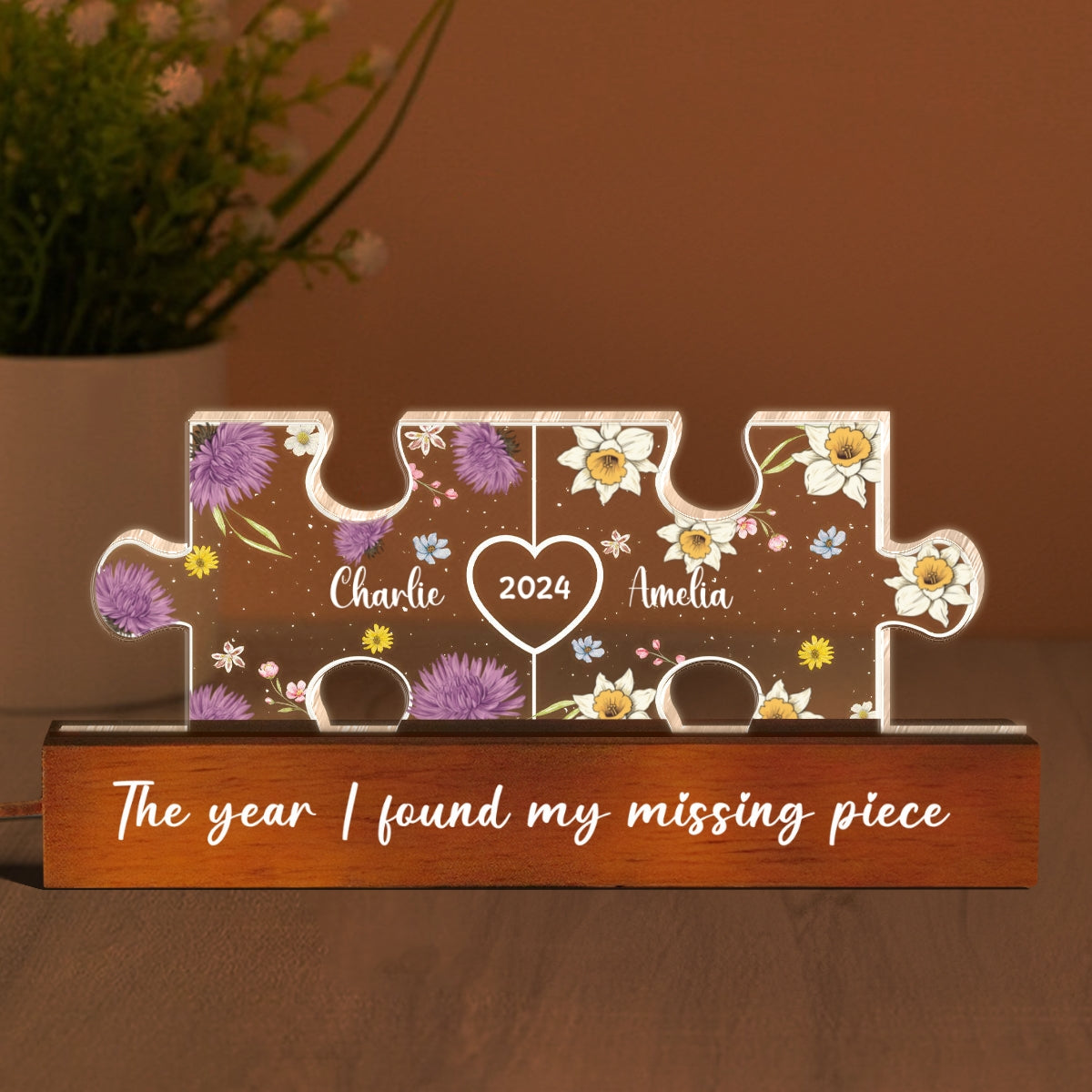 Couple Puzzle Birth Month Flower Theme Anniversary Gift Personalized Acrylic LED Night Light, Heartfelt 2025  Gift, Anniversary Gift For Her, For Girlfriend, For Wife