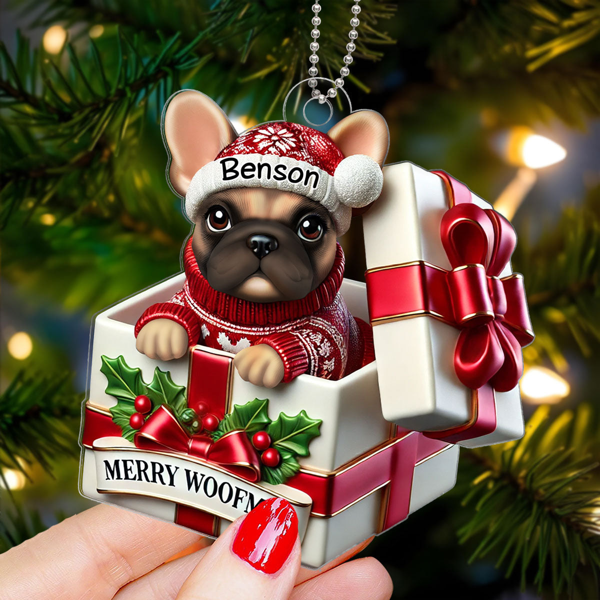Cute Frenchie Inside Red Gift Box Personalized 2D Flat Acrylic Ornament, Christmas Gift for Dog Lovers