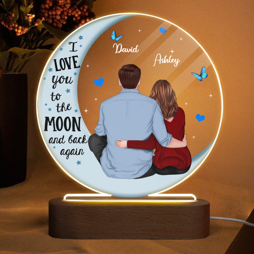 Couple Back View Blue Moon Personalized Circle Plaque LED Night Light - Acrylic LED Lamp - Valentine‘s Day Gift For Him, Gift For Her
