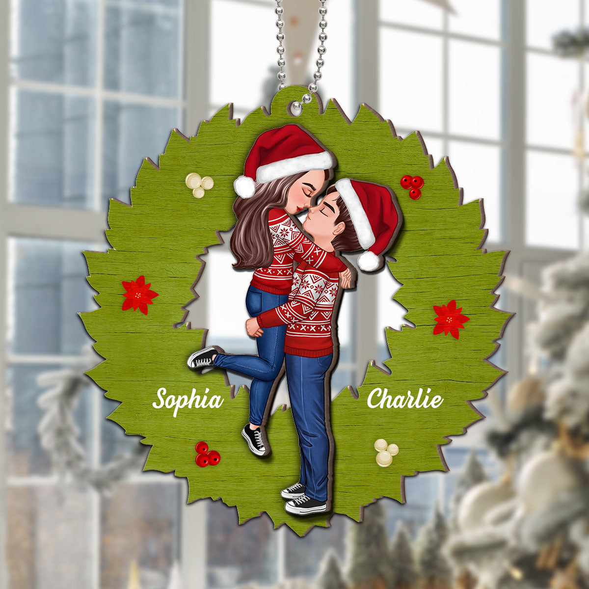 Wreath Christmas Couple Kissing Personalized 2-Layer Wooden Ornament
