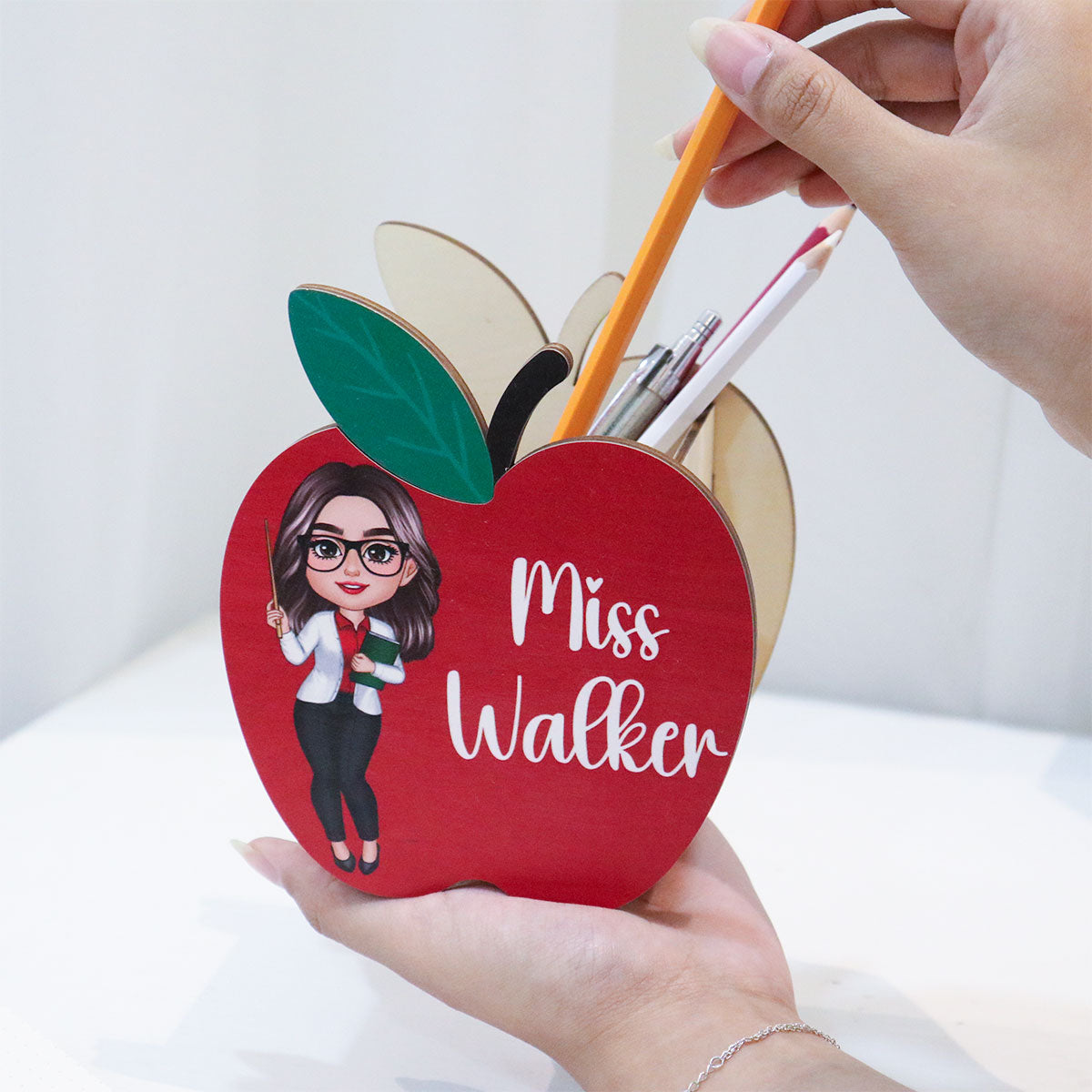 Happy Doll Teacher Personalized Apple Shaped Pen Pencil Holder, Office Decor for Teacher