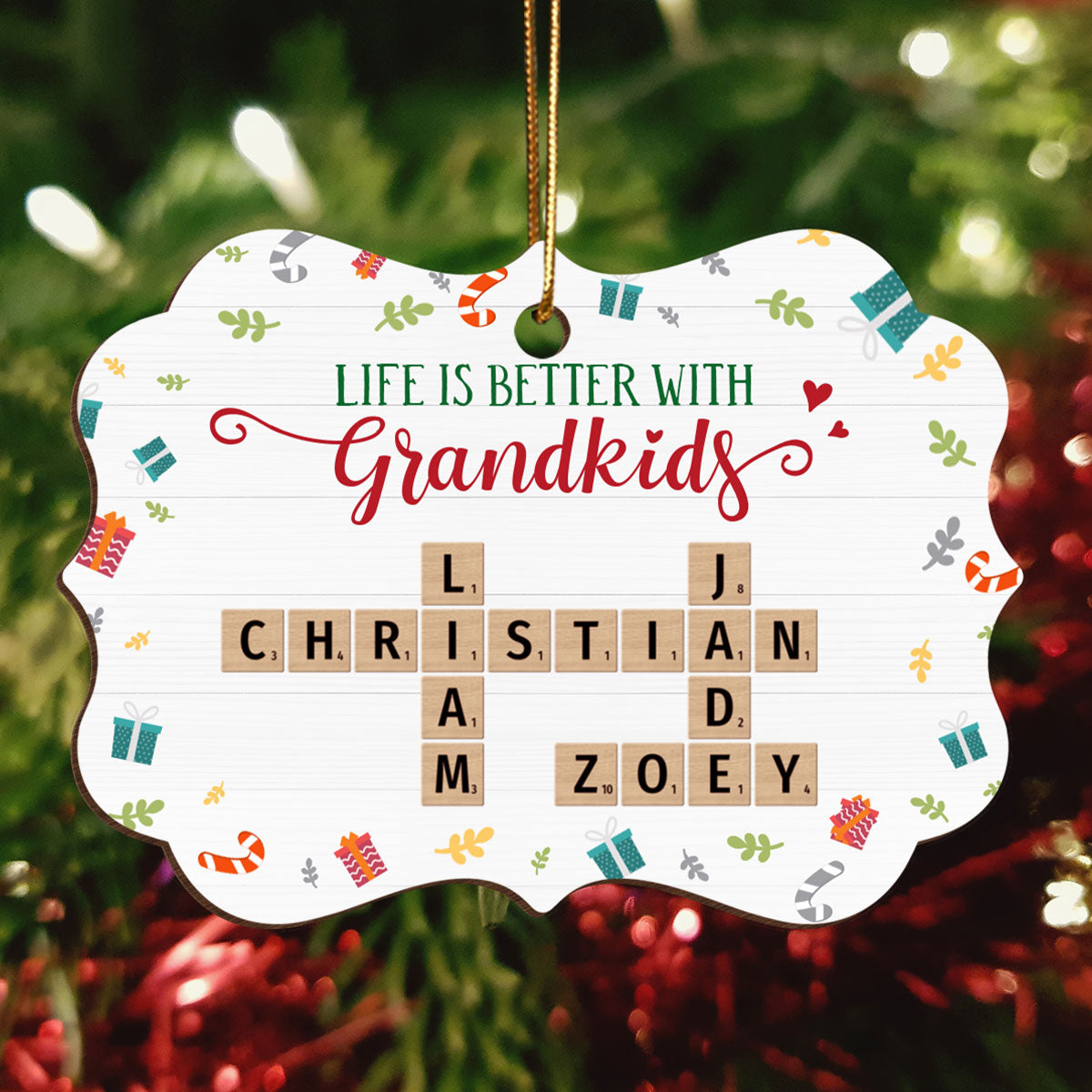 Life Is Better With Grandkids Crossword Puzzle Personalized Wooden Ornament, Christmas Gift for Grandma, Grandkids