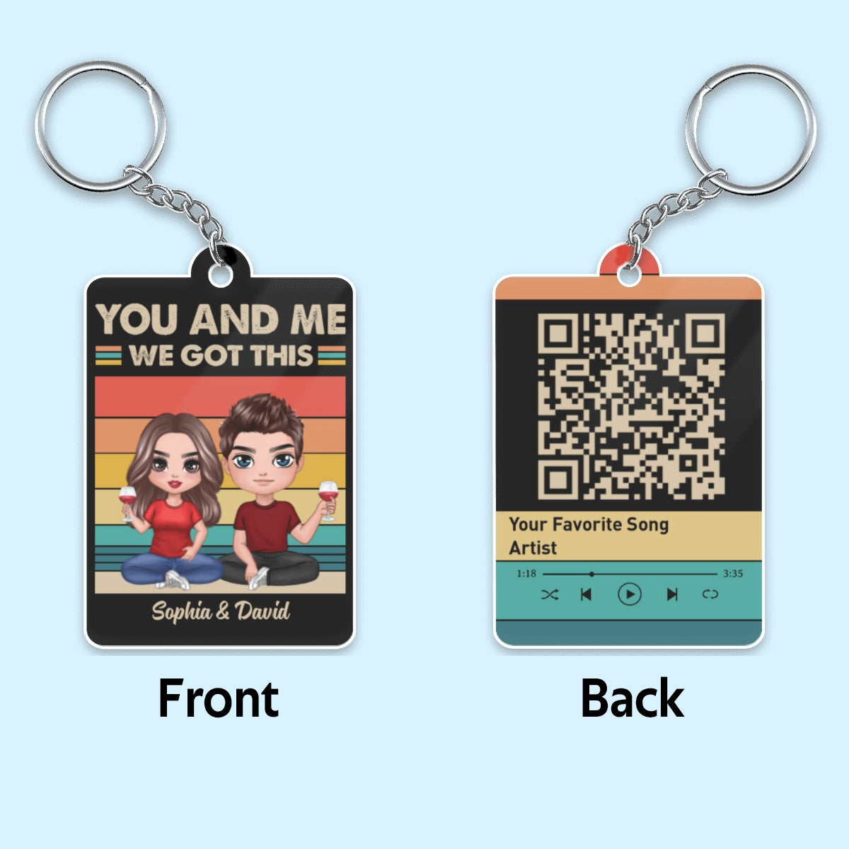 Retro Background Doll Couple Sitting Favorite Song Scannable QR Code Personalized Acrylic Keychain