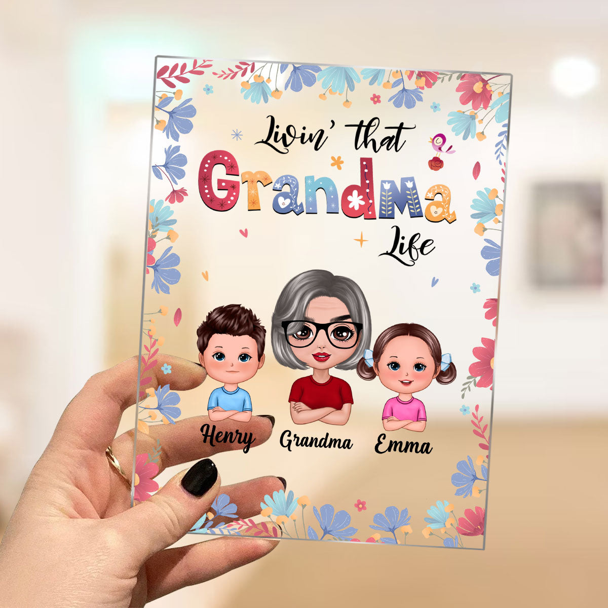 Living That Grandma Life Doll Grandma And Grandkids Colorful Pastel Flowers Personalized Acrylic Plaque