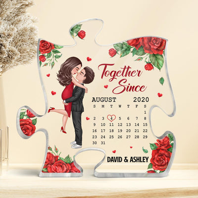 Rose Pattern Doll Couple Hugging Kissing Calendar Anniversary Date Gift For Him For Her Personalized Puzzle Acrylic Plaque