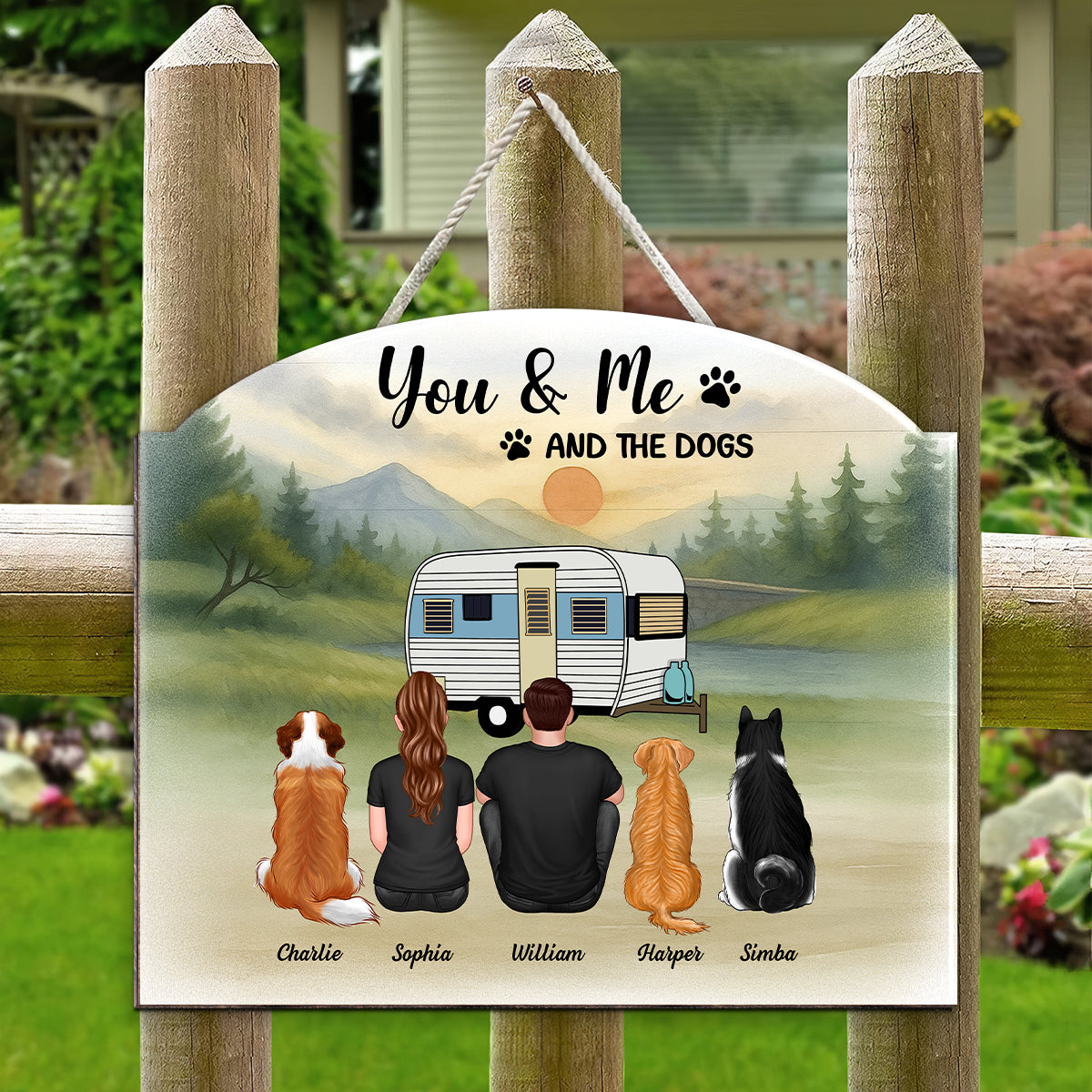 Couple And Dogs Camping Retro Mountain Personalized Wood Sign, Gift for Camping & Dog Lovers