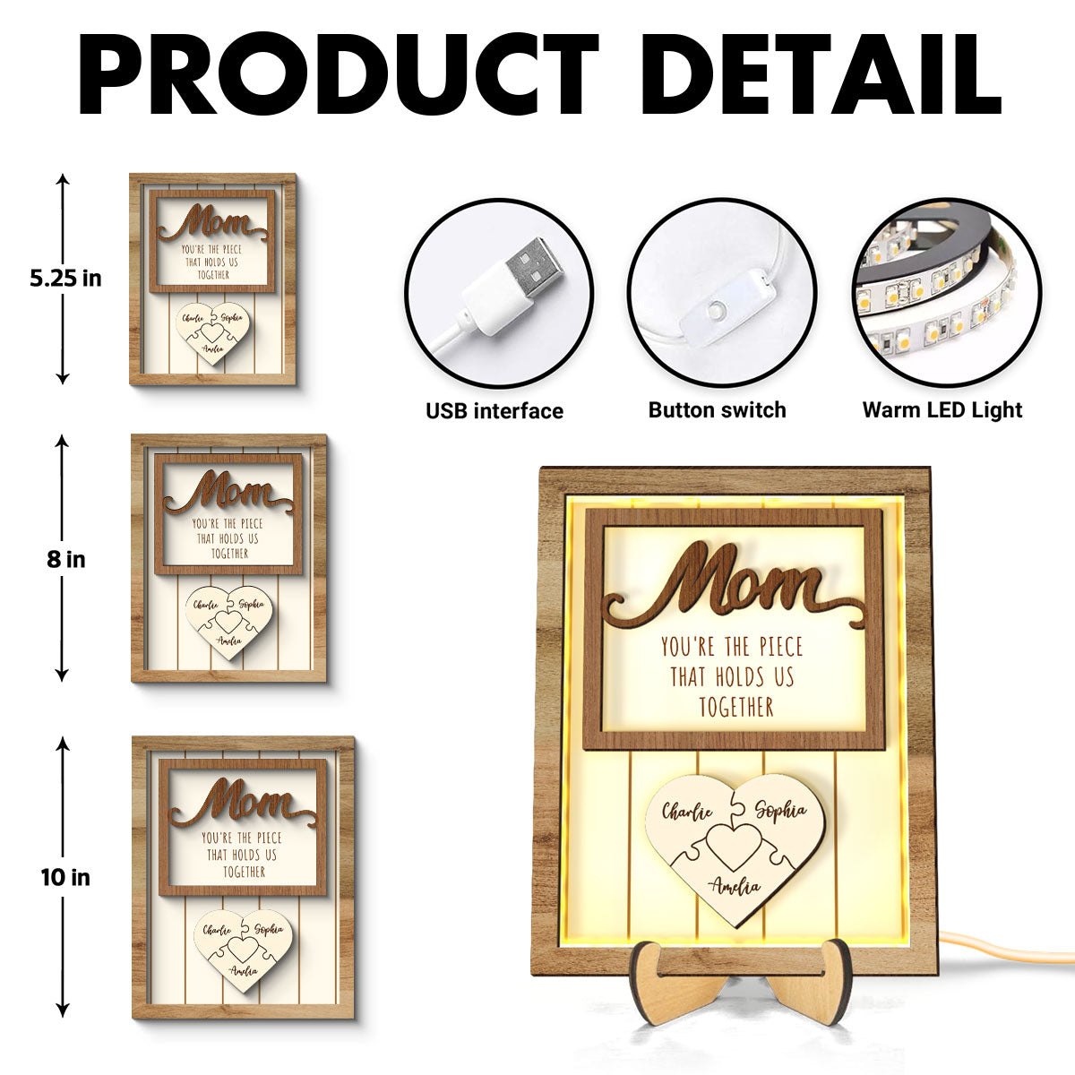 Mom You're The Piece that Holds Us Together Personalized 2-Layered Wooden Plaque with LED, Heartfelt Gift for Mom, Grandma