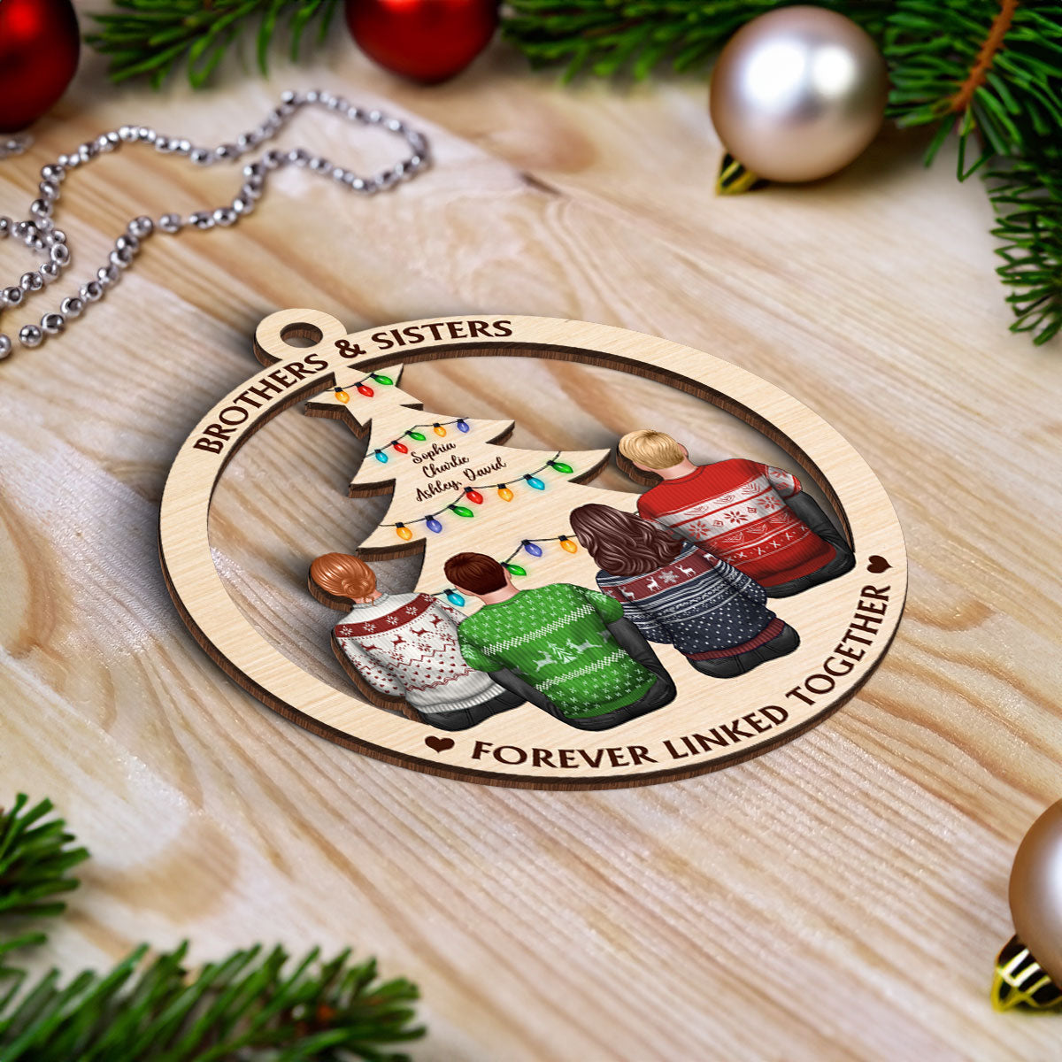 Brother & Sisters Forever Linked Together Christmas Tree Personalized Wooden Ornament