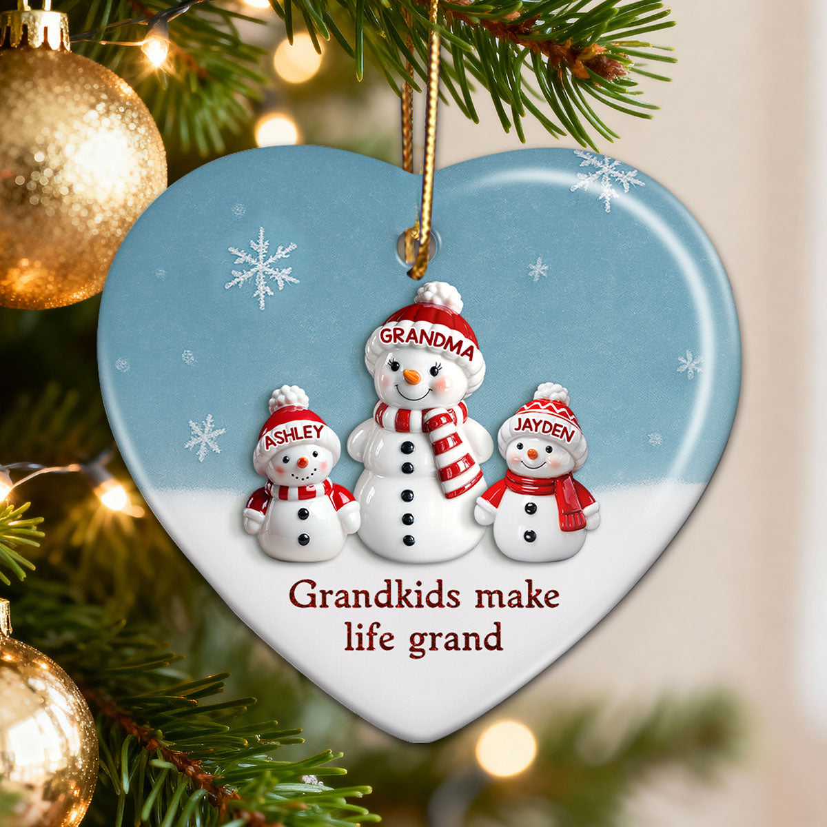 3D Effect Snowman Grandma & Grandkids - Personalized Ceramic Ornament - Christmas Gift For Grandchildren, Grandma