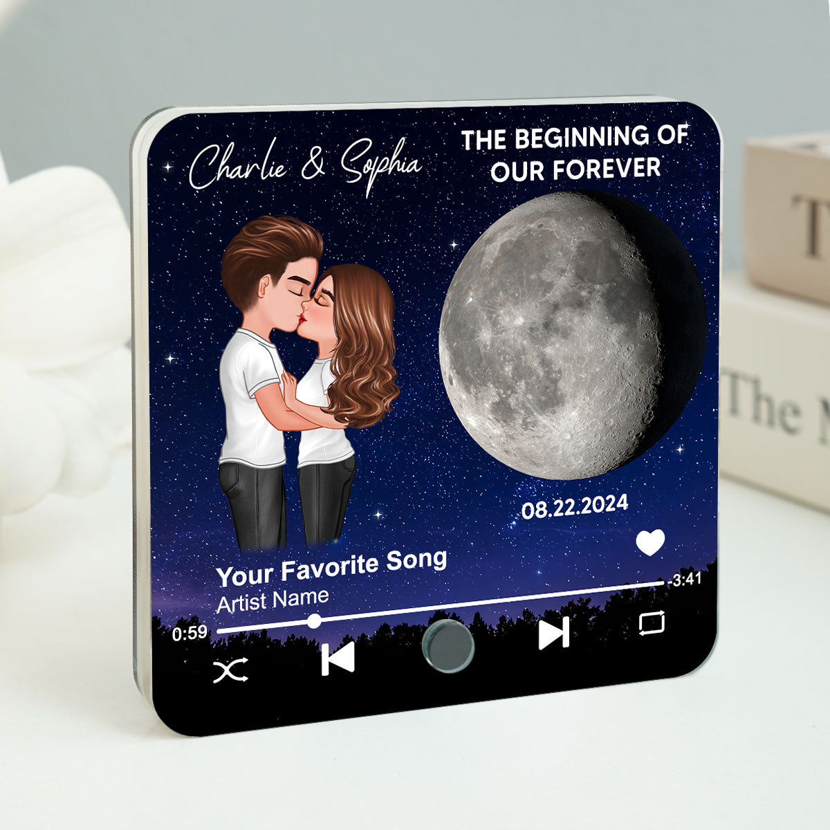 Couple Hugging Kissing Custom Moon Phases The Day We Met Personalized Music Fridge Magnet, Heartfelt Gift For Couple, For Him, For Her, Boyfriend, Girlfriend, Husband, Wife