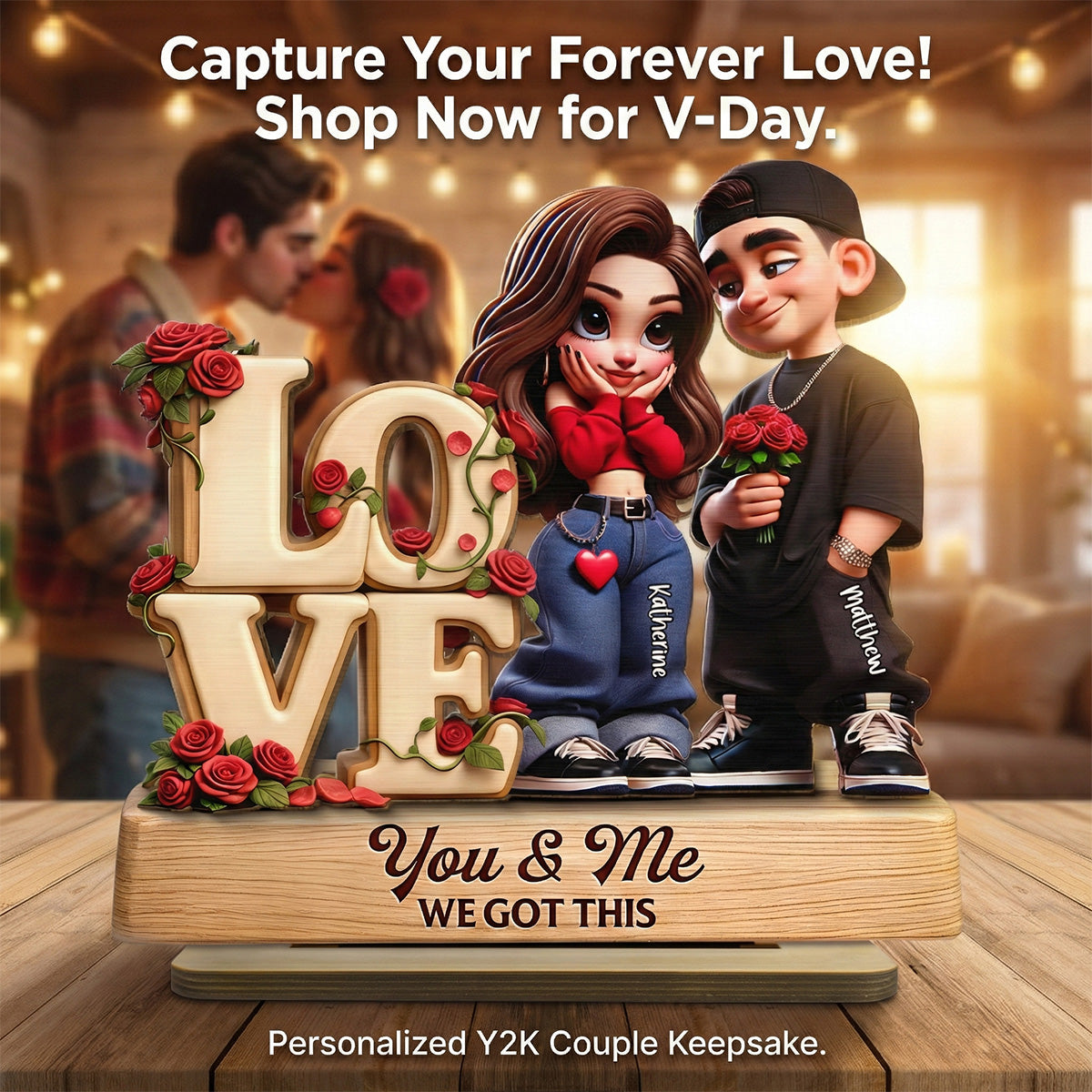 Y2K Couple Love Rose - Personalized 2-Layered Wooden Plaque - Valentine's Day Gift For Couple, For Him, For Her, Nurse, Police, Firefighter, Army