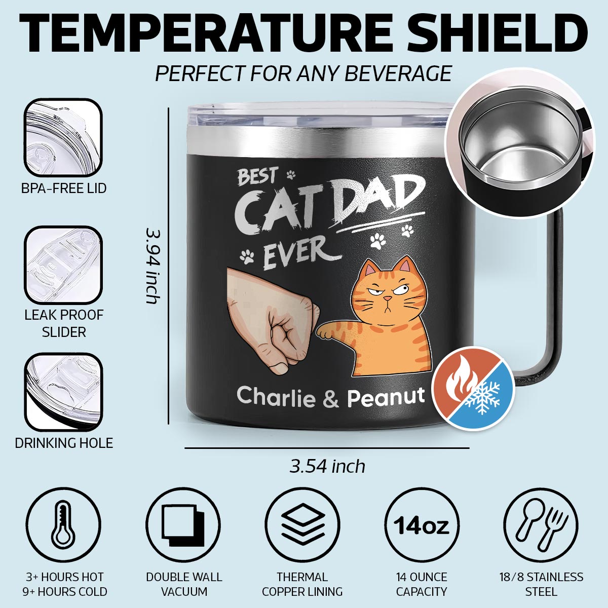 Best Cat Dad Ever Fist Bump Personalized Stainless Steel Tumbler With Handle, Birthday Gift For Cat Lovers, Father's Day Gift or Just Because