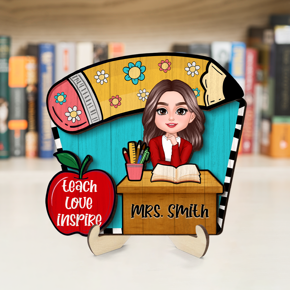 Doll Teacher Sitting At Table Personalized 2-Layer Wooden Plaque, Back to school gift