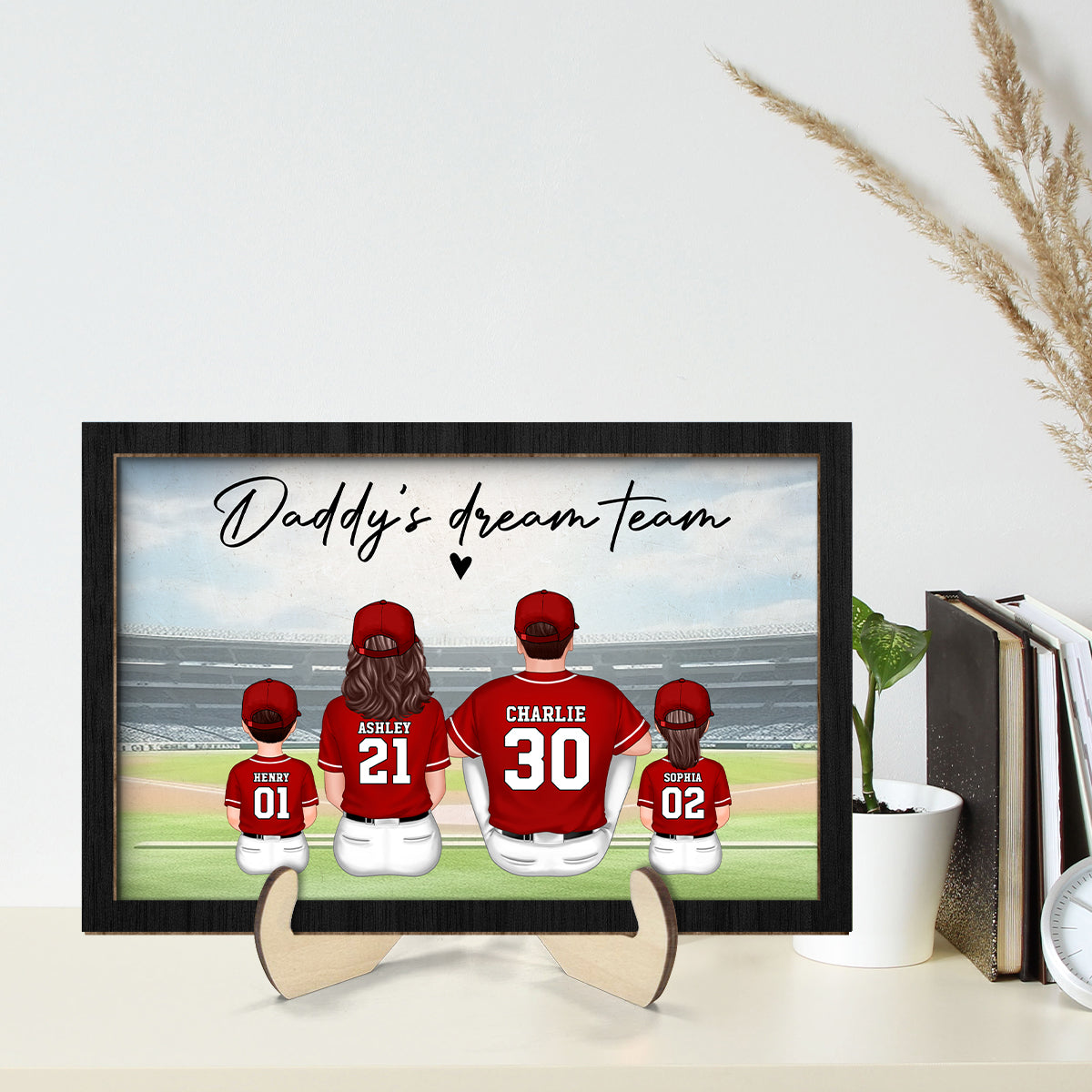 Daddy's Team Baseball Family Sitting Personalized 2-Layer Wooden Plaque, Father's Day Gift For Dad, Grandpa, Husband