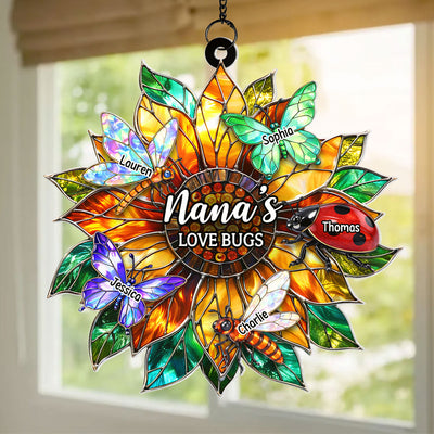 Grandma's Love Bugs Sunflower - Personalized Acrylic Window Hanging - Mother's Day Gift for Mom, Grandma, Wife