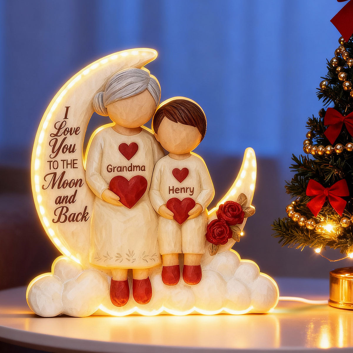 Grandma Granddaughter Grandson On Moon 3D Effect - Personalized Light Box