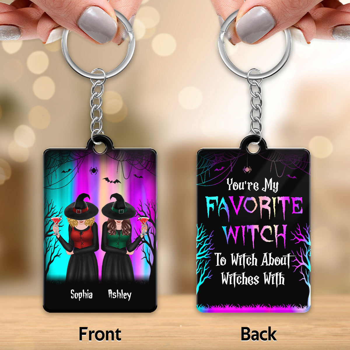 Aurora Halloween Front View Besties Witches Gift For Best Friends Personalized Acrylic Keychain