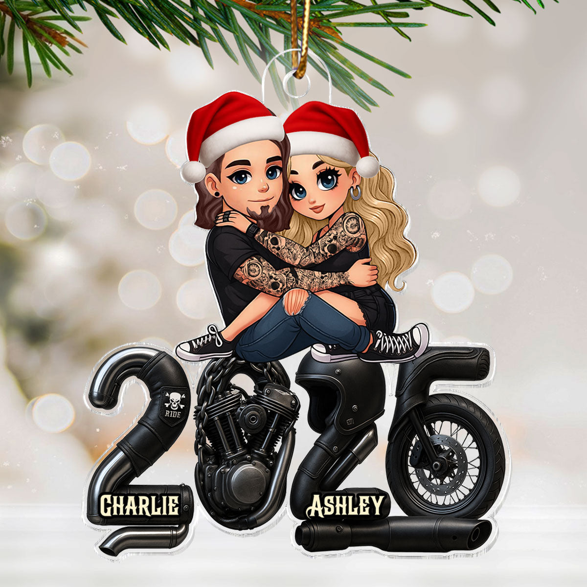 3D Effect Biker Couple- Personalized Acrylic Car Hanger- Gift For Bikers, Gift For Him, For Her