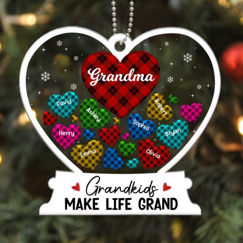Grandma Hearts In Hearts Kids Names Christmas Buffalo Plaid Patterns Personalized Acrylic Ornament