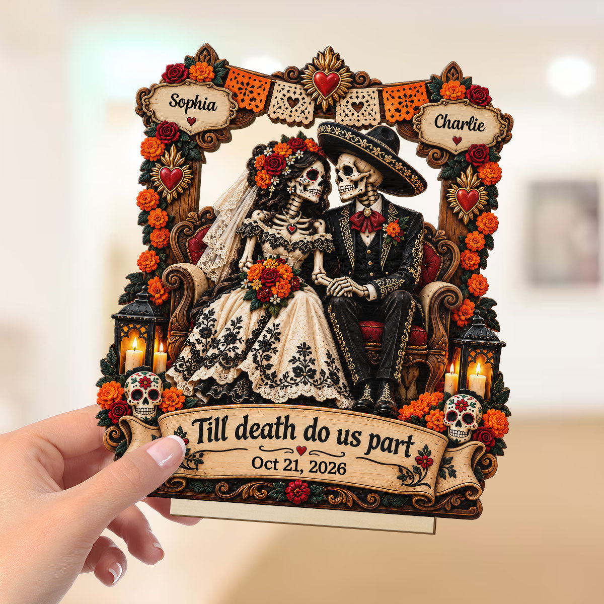 Skeleton Couple Till Death Do Us Part 2D Flat - Personalized 2-Layered Wooden Plaque - Skull Decor Wedding Gift for Couple, Gothic Home Decor, Dia de los Muertos, Day of the Dead Gift