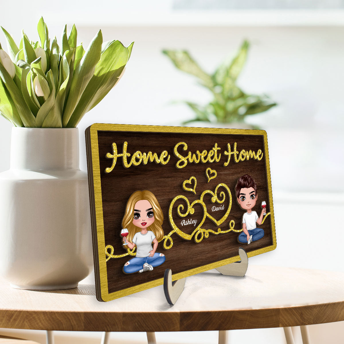 Doll Couple Sitting Home Sweet Home Valentine‘s Day Gift For Him For Her Personalized 2-Layer Wooden Plaque