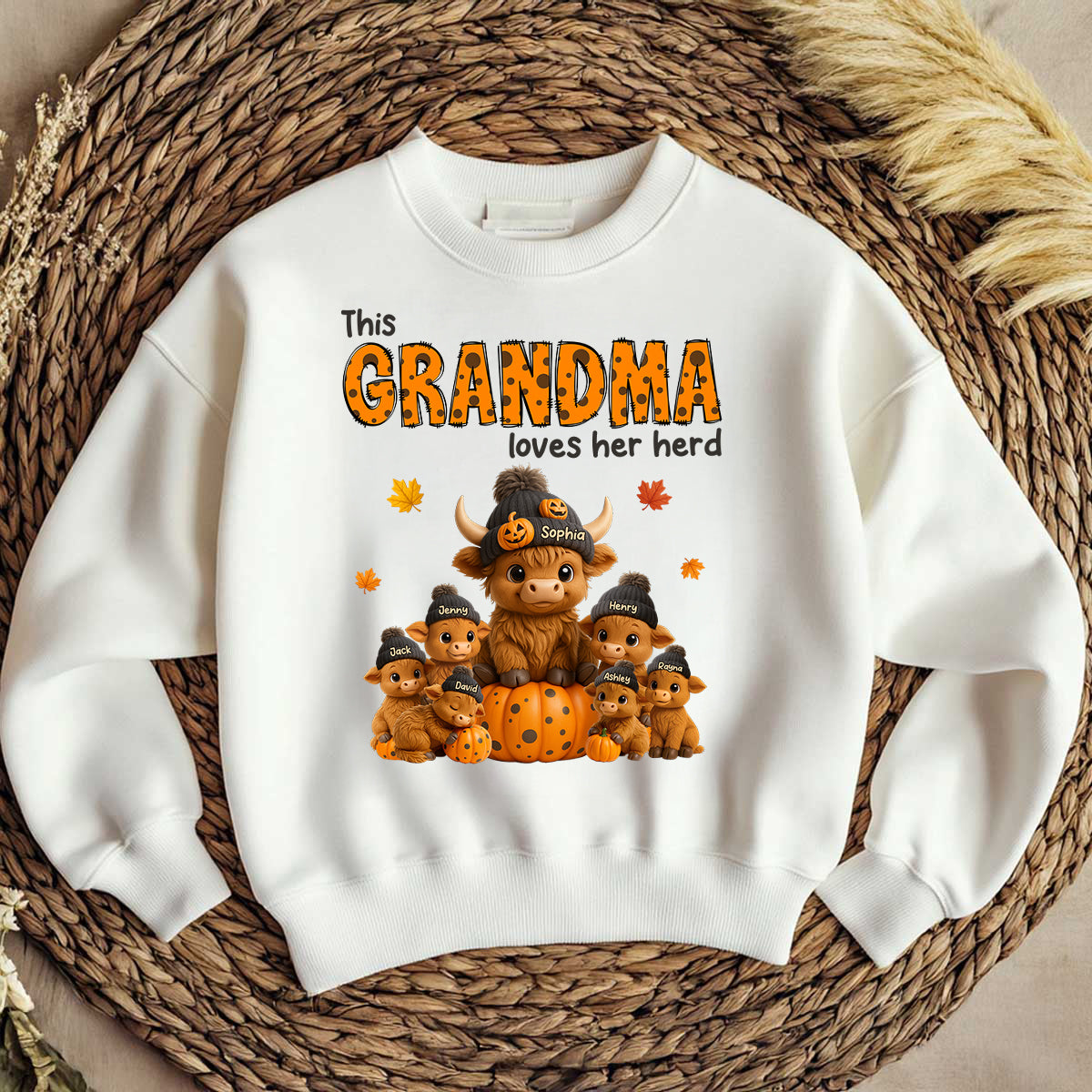 This Mama Loves Her Herd Cute Highland Cow Pumpkin Personalized Sweatshirt, Fall Sweatshirt for Mom Grandma
