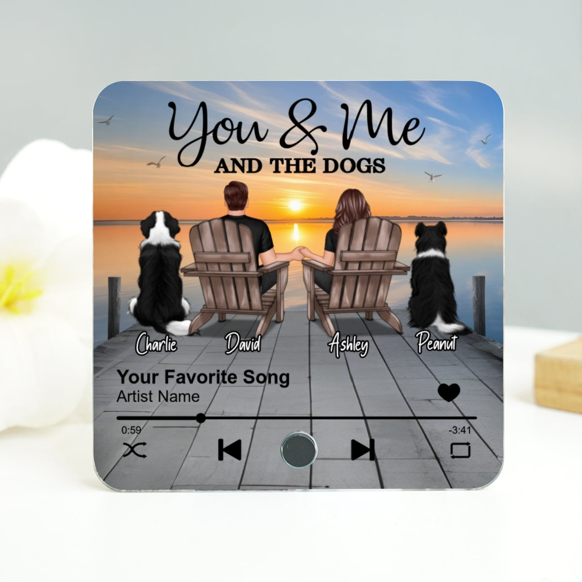 Couple You Me And The Dogs Cats Sitting On Lake Dock Personalized Music Fridge Magnet, Gift For Couple, Dog Lovers, Cat Lovers, Pet Lovers