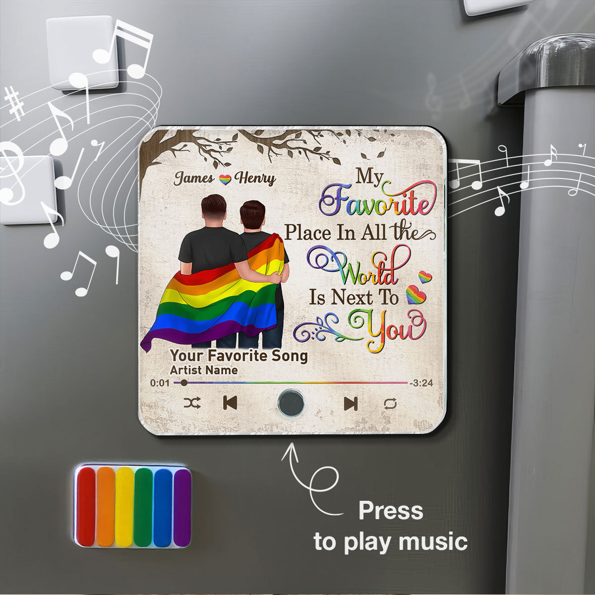 Favorite Place In The World LGBT Couple Standing Back View Personalized Music Fridge Magnet