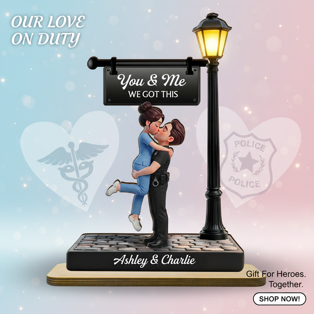 Proud Hero Couple Under Lamp Post - Personalized 2-Layered Wooden Plaque - Valentine's Day Gift For Couple, For Him, For Her, Nurse, Police, Firefighter, Army
