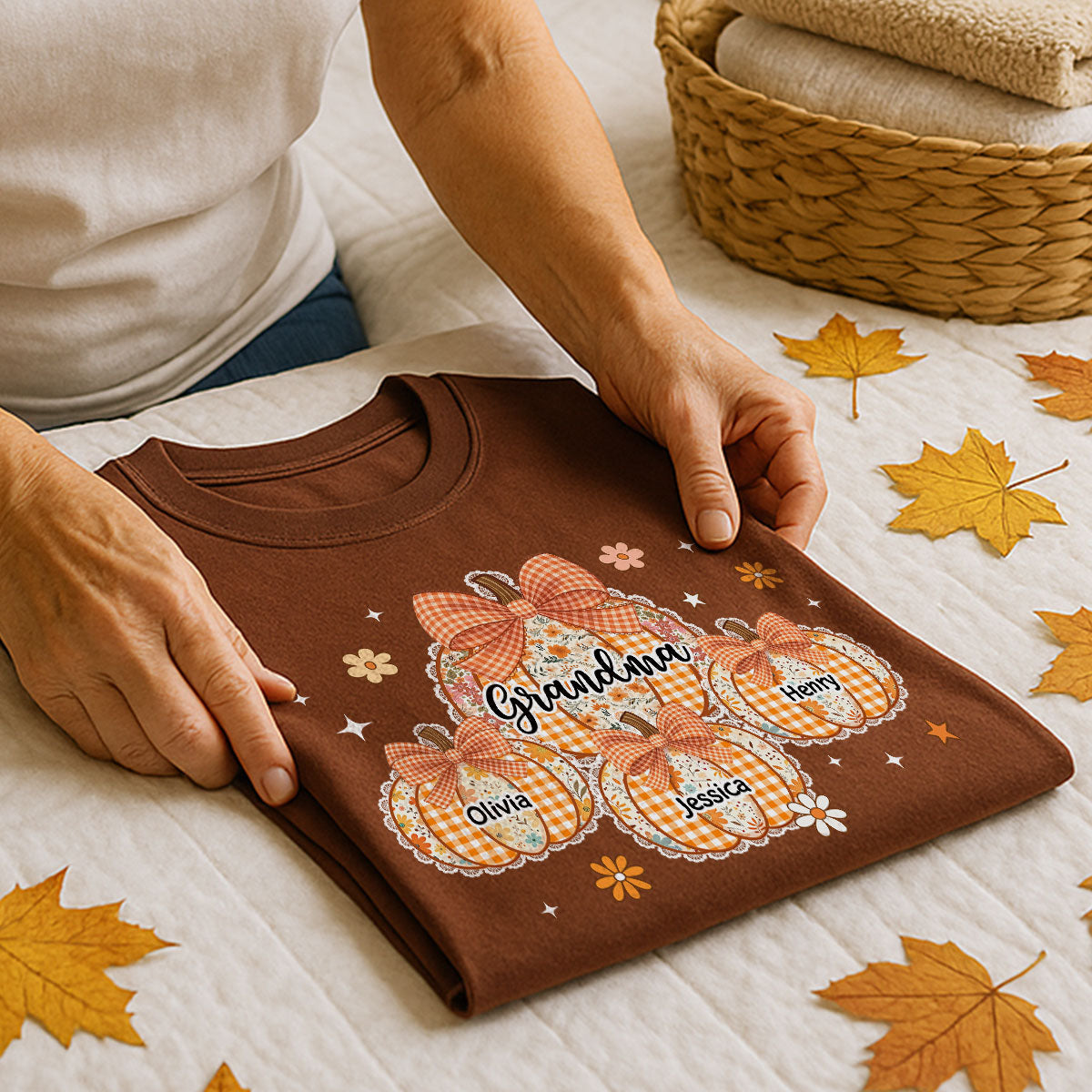 Lace Pattern Grandma Custom Pumpkins With Kids Names - Personalized Shirt - Gift For Grandmas, Fall Vibe Cozy Shirt