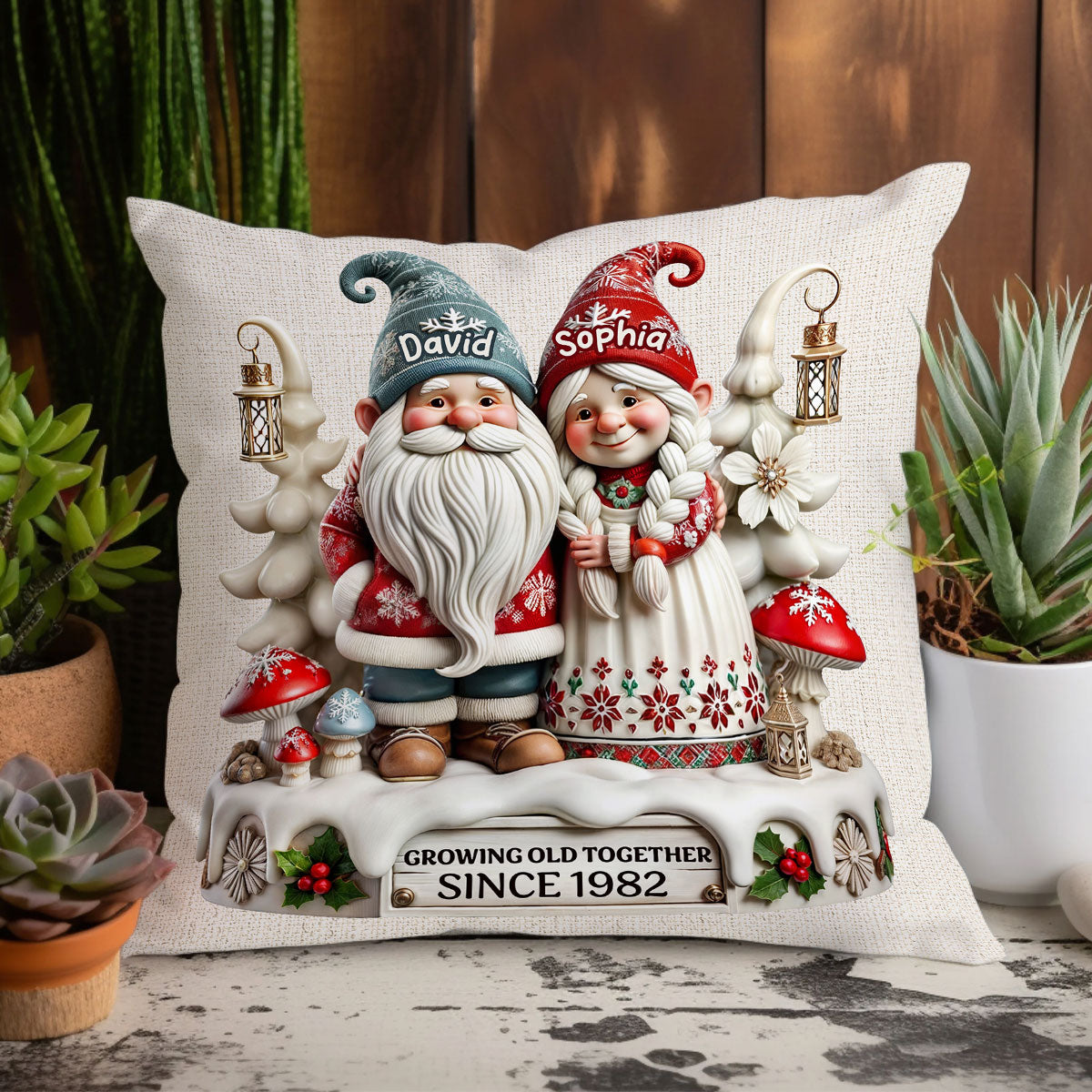 3D Effect Gnome Couple Together Personalized Pillow, Heartfelt  Gift For Couple, For Him, For Her, Husband, Wife